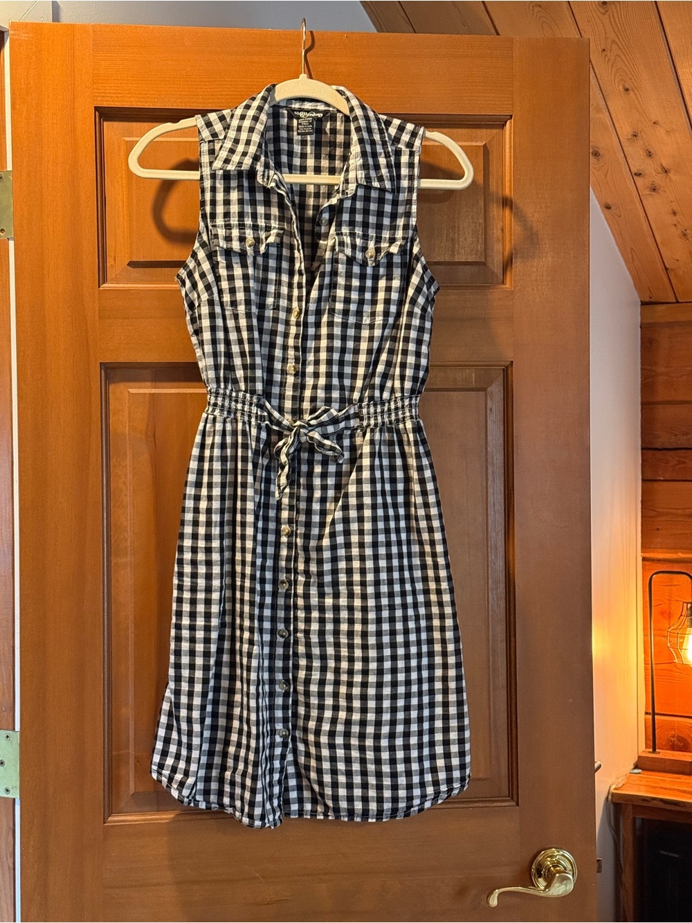 Sleeveless Gingham Shirt Dress - Black/White
